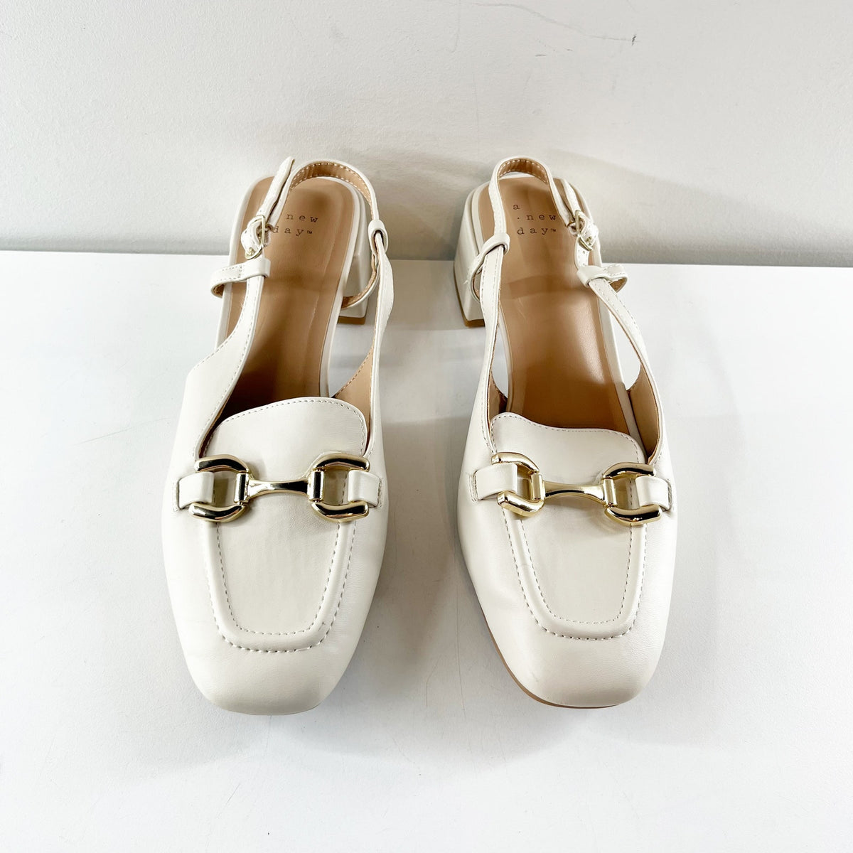 A New Day Justina Square Toe Horsebit Slingback Block Heel Loafer Shoes Cream 9