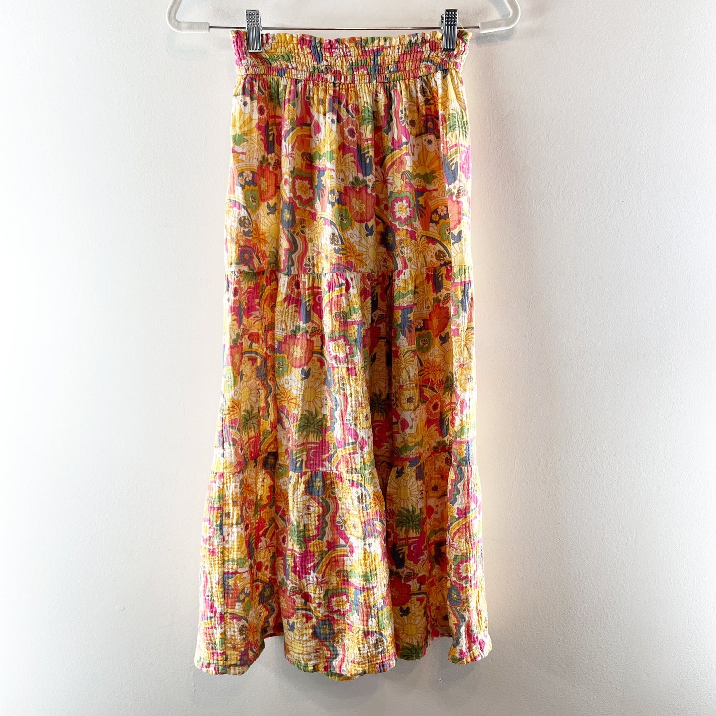 Marine Layer Floral Print Smocked Tiered A-Lined Maxi Skirt Yellow Orange Medium