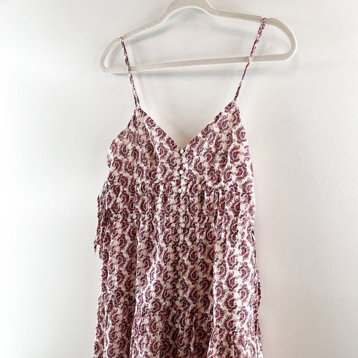 American Eagle Outfitters Sleeveless V-Neck Side Tie Tiered Midi Dress Berry S