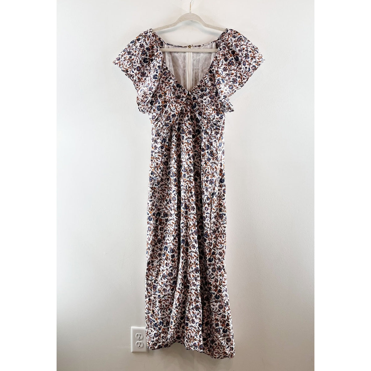 Cleobella Briar Ankle Floral Maxi Short Ruffle Flutter Sleeve Dress Maroon M
