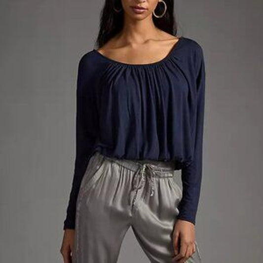 Maeve Anthropologie Long Sleeve Bubble Hem Cropped Tee Shirt Top Navy Blue M