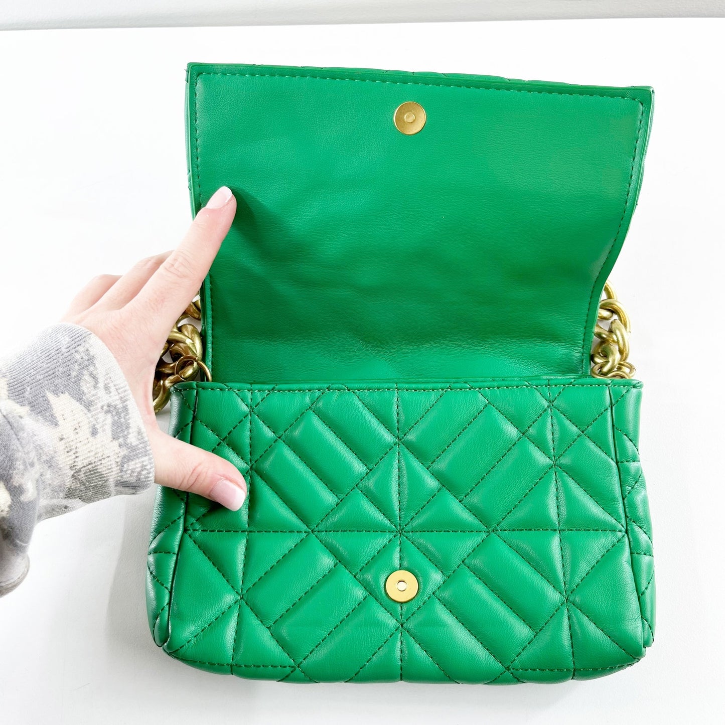 ZARA Quilted Flap Gold Chain Strap City Purse Bag Emerald Green