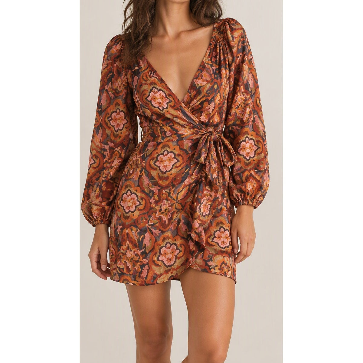 Dress Forum Long Sleeve V-Neck Mini Wrap Dress Rust Orange Medium