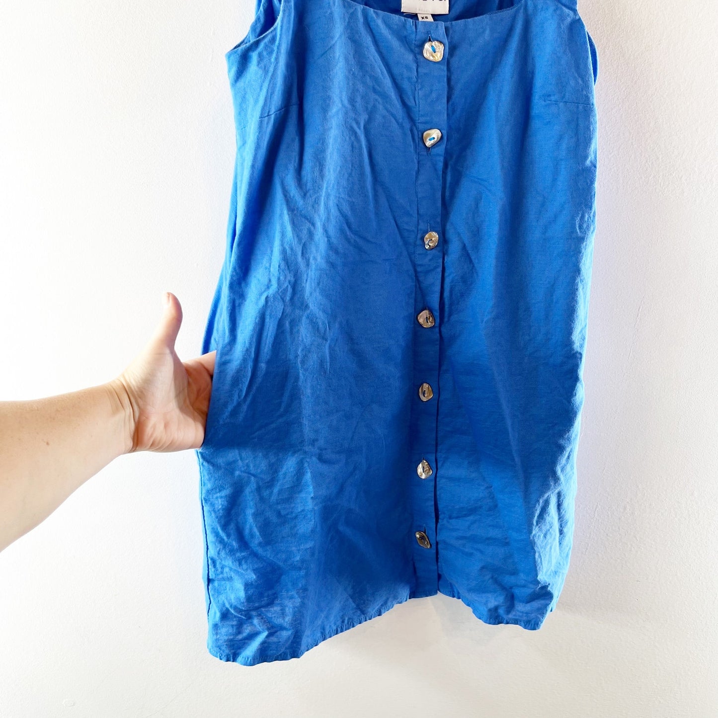 SNDYS Shelley Button Up Square Neck Mini Dress Blue XS