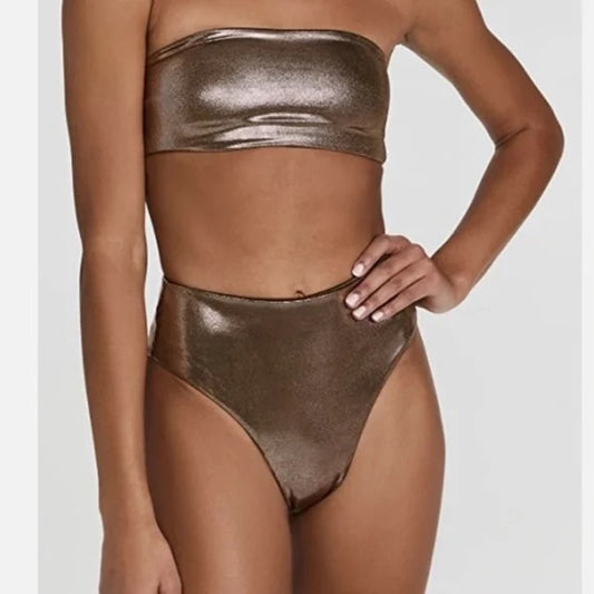 Good American Bandeau Top High Rise Bikini Bottoms Foil Metallic Gold L / XL