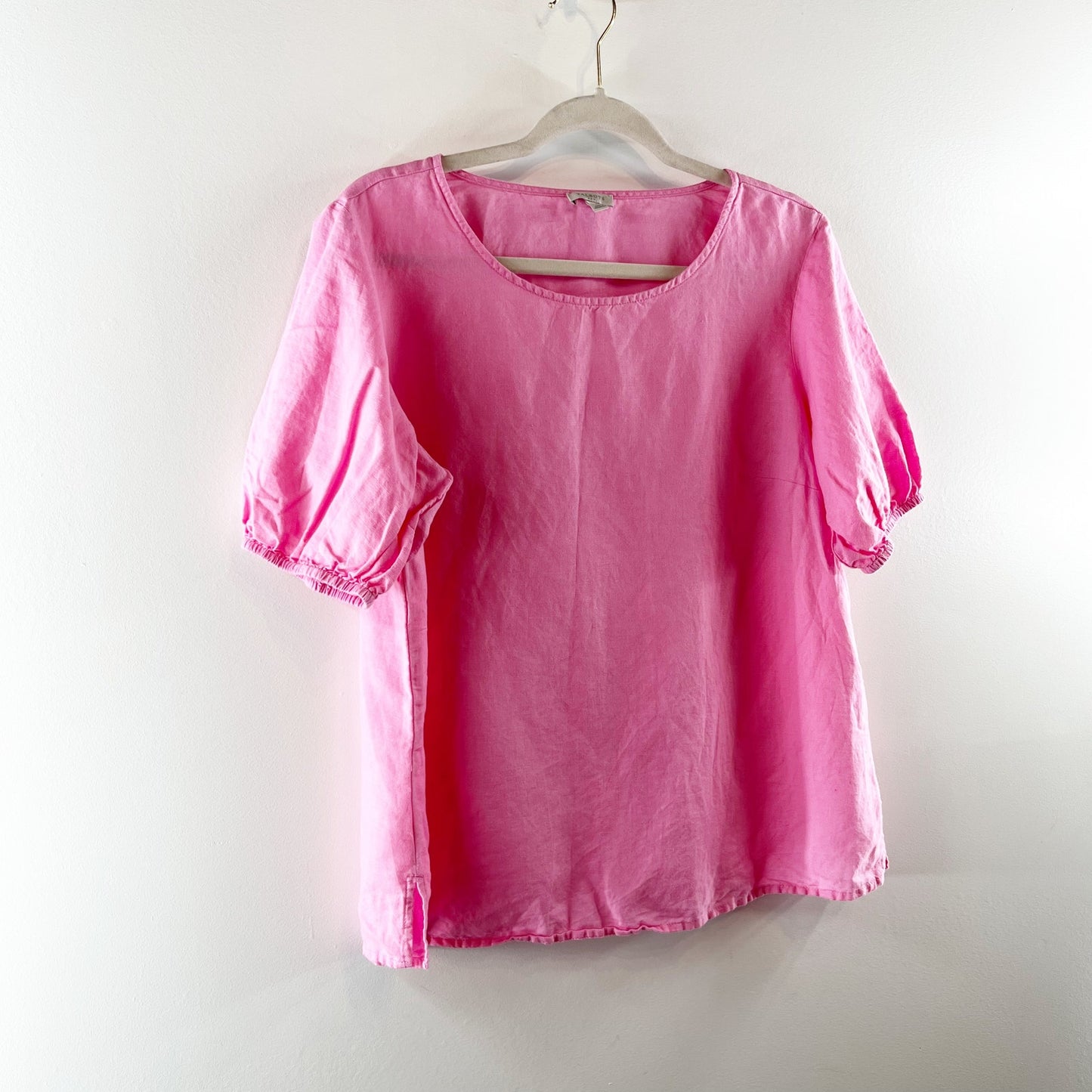 Talbots Linen Blend Short Puff Sleeve Side Slit Tee Shirt Blouse Top Pink Medium