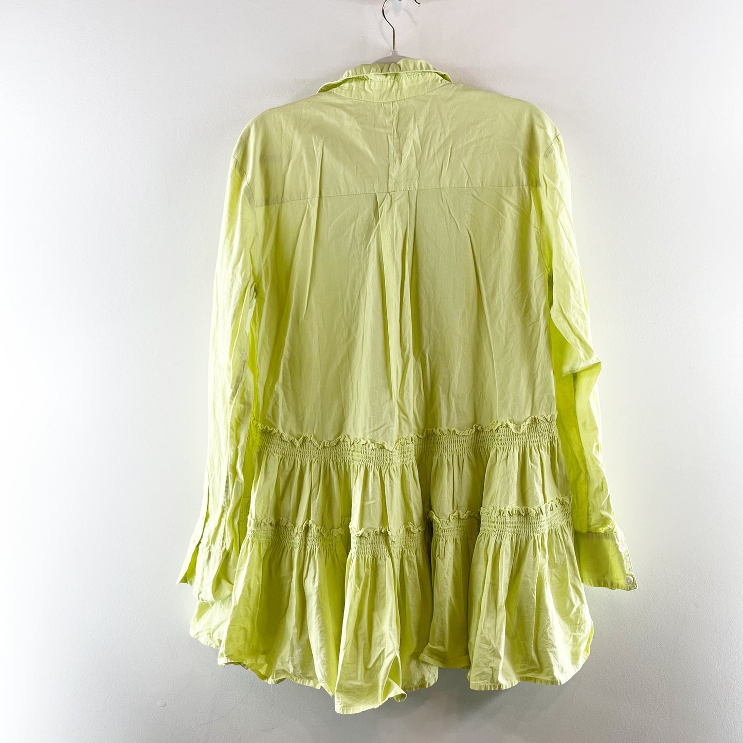 Free People Billie Pintucked Long Sleeve Tiered Mini Shirt Dress Lime Glo Small