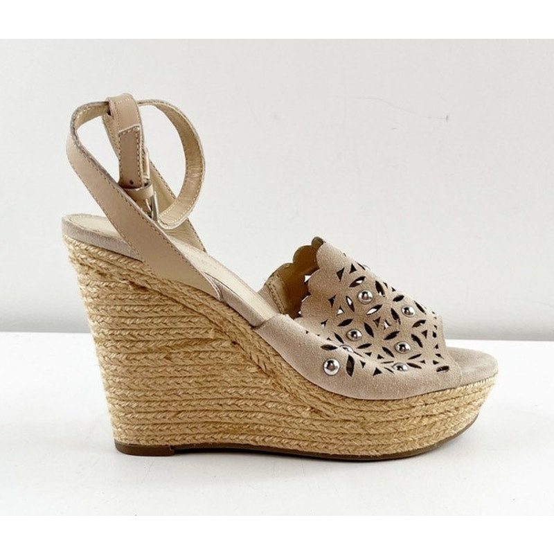 Marc Fisher Hata Laser Cut Studded Espadrille Wedge Sandals Heels Tan Beige 8