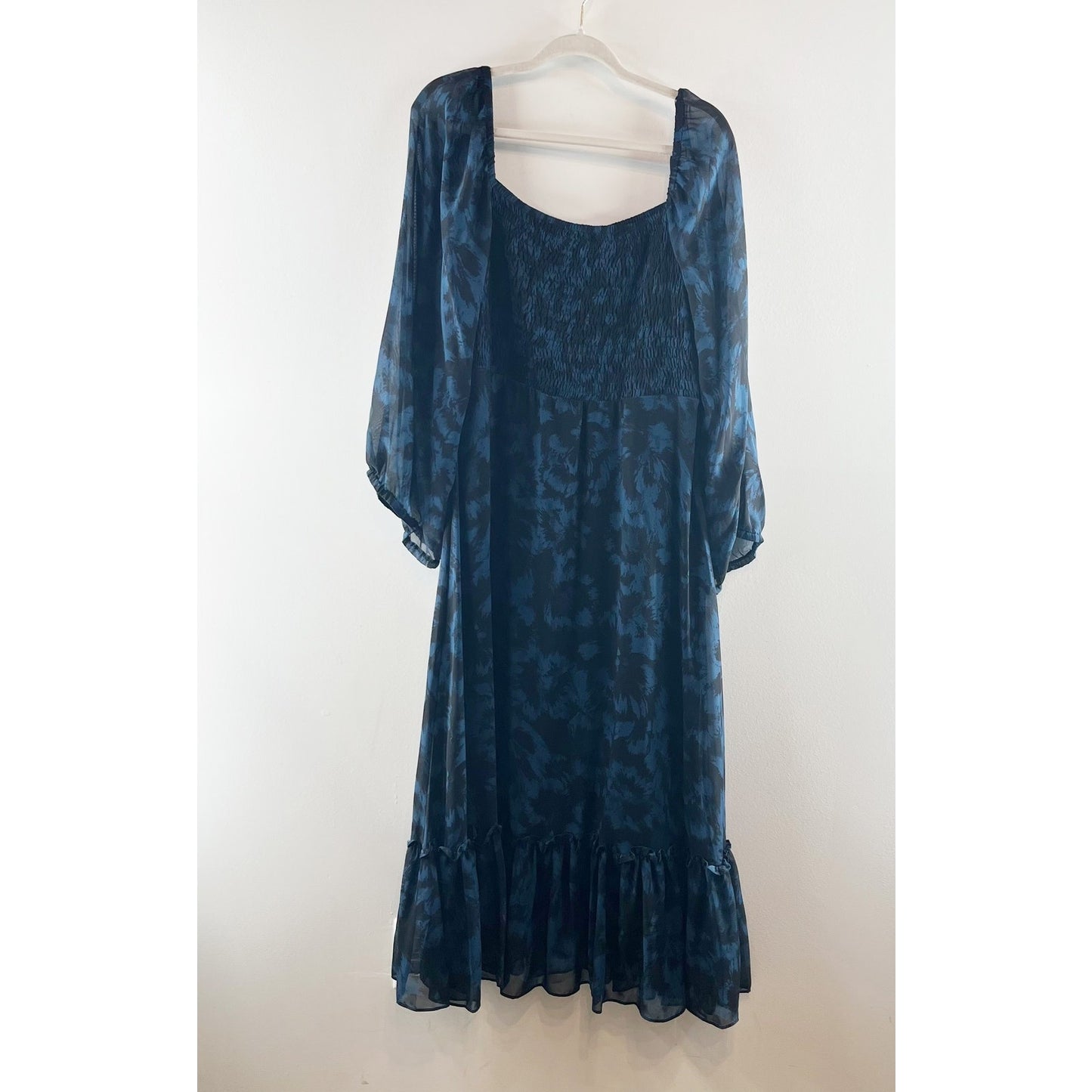 Just Taylor Smocked Bodice Long Sheer Sleeve Floral Midi Dress Blue Large