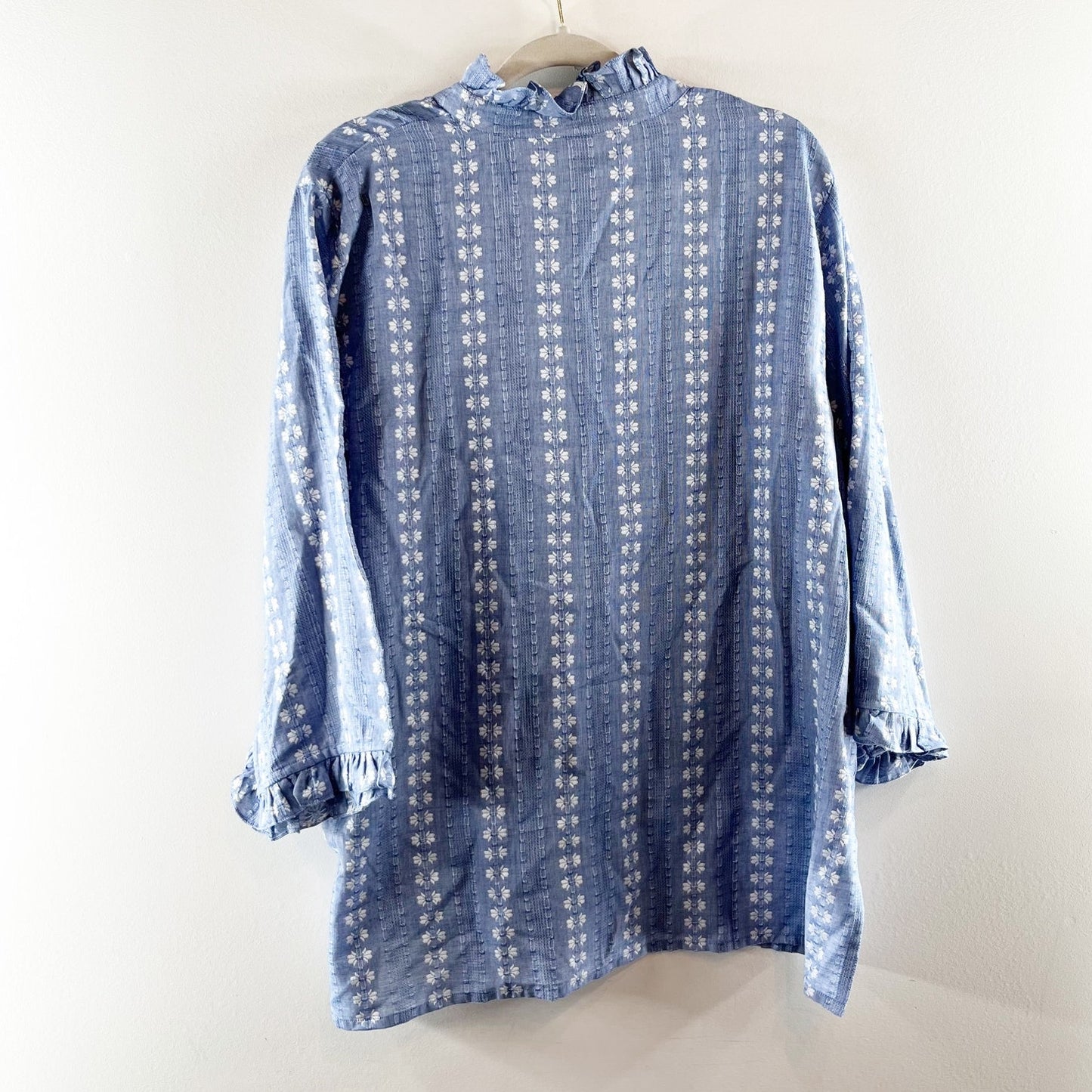 Rungolee Jacqueline Long Sleeve Ruffle Trim Collar Tunic Blouse Blue XL