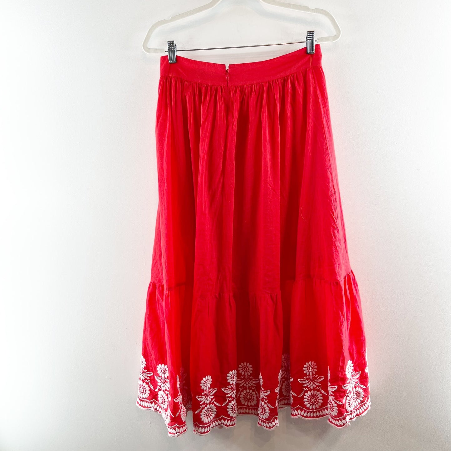 Ann Taylor Embroidered Hem Cotton Midi Peasant Skirt Red 6 Petite