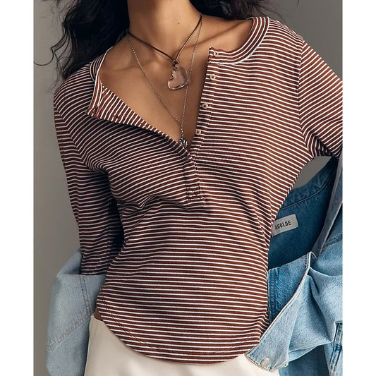 Pilcro Anthropologie Long Sleeve Ribbed Striped Henley Top Brown Stripe Small