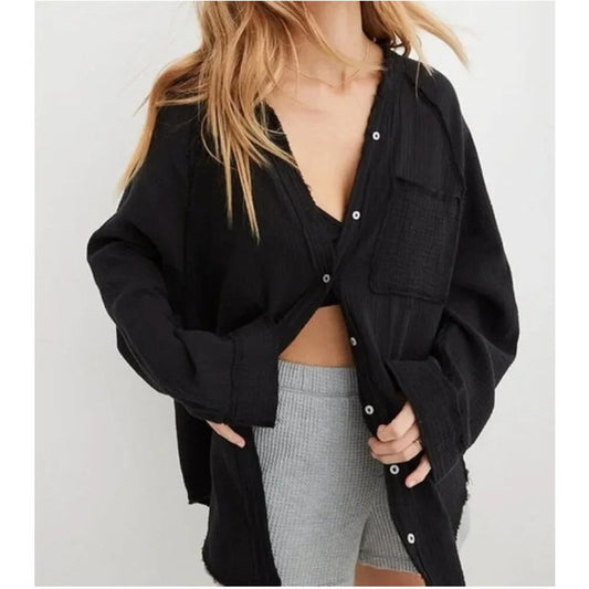 Aerie Pool To Party Long Sleeve Gauzy Tunic Button Down Shirt Black XS
