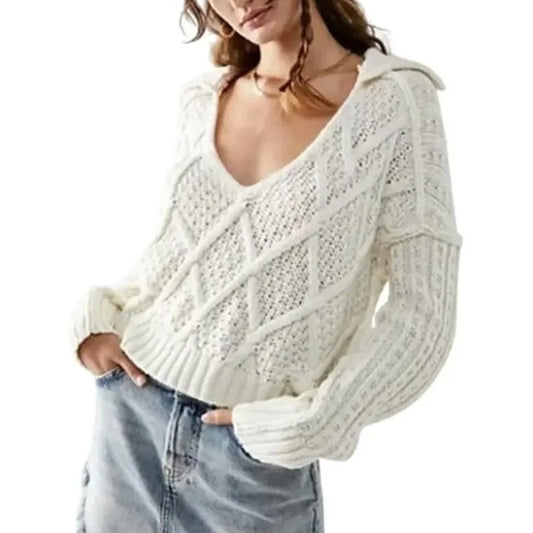 Free People Traveler Cable Pullover Sweater with Polo Collar Cream XS