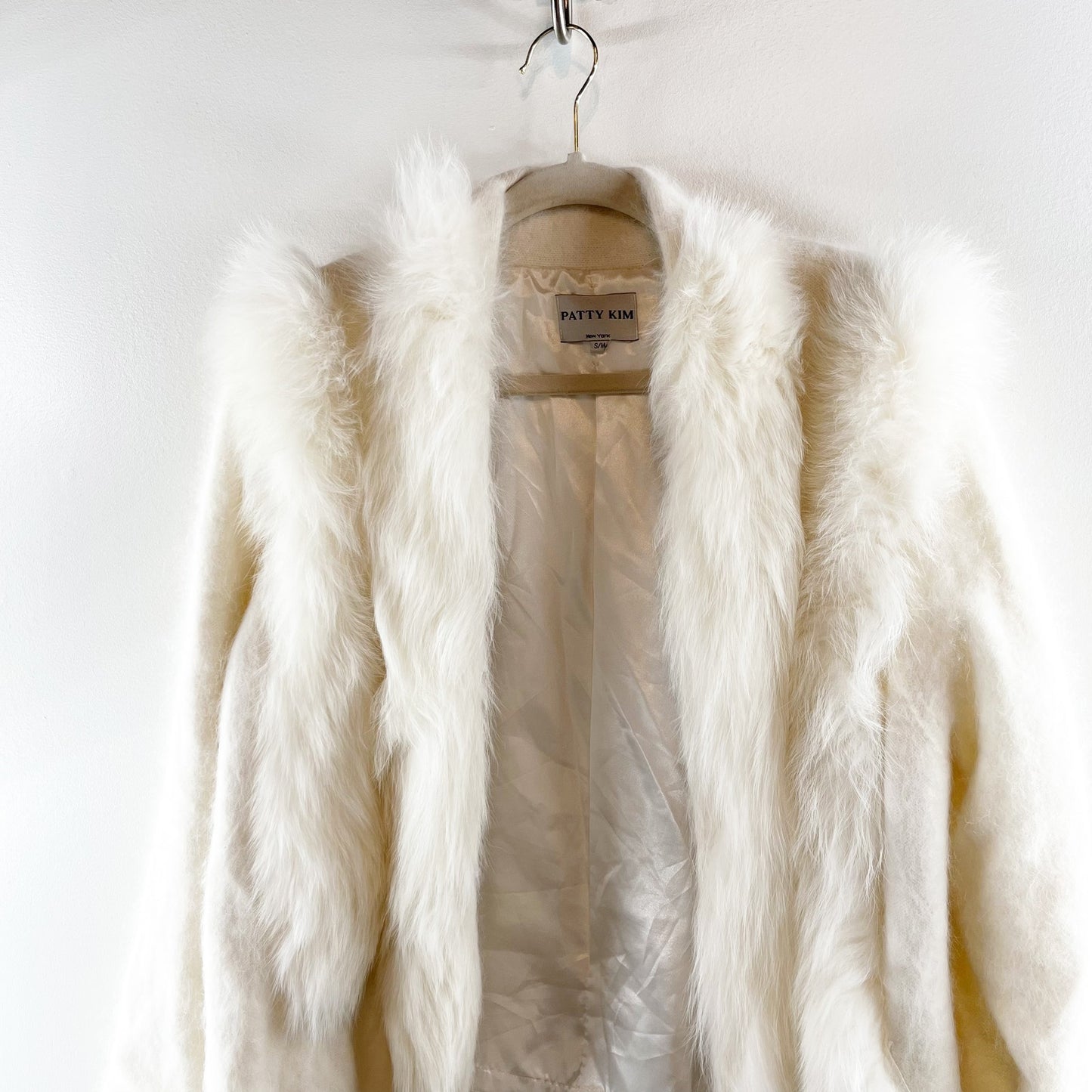 Patty Kim Long Sleeve Rabbit Fur Open Front Cardigan Sweater Cream Small / M