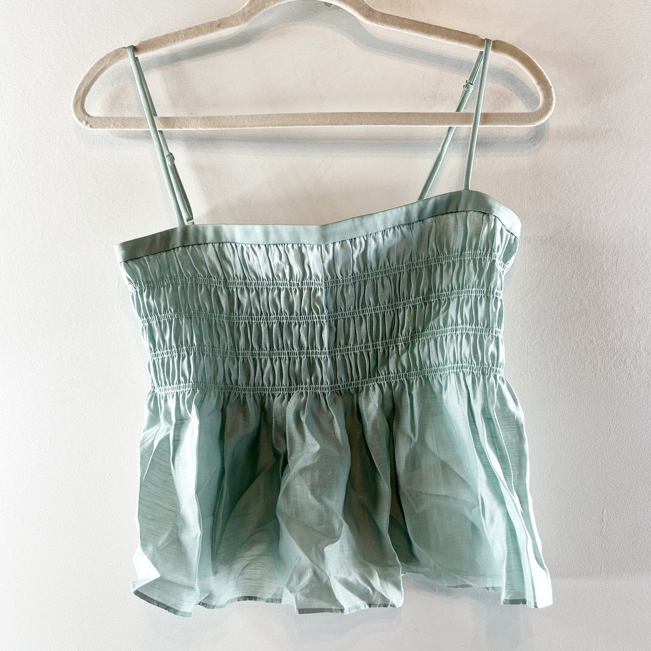 Reformation Cicely Sleeveless Straight Neck Smocked Tank Top Seafoam Green 2