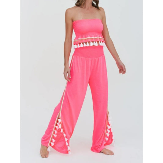Pitusa Jasmine Strapless Tube Top and Matching Set Beach Tassel Pants Pink O/S