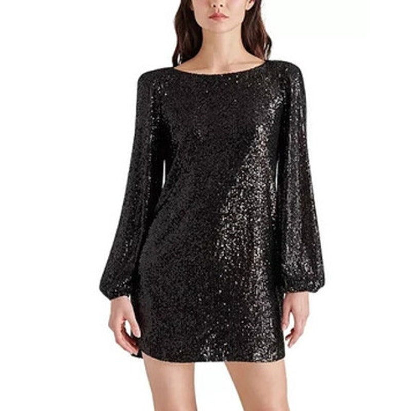 Steve Madden Delorean Long Sleeve Sequin Mini Dress Black Medium