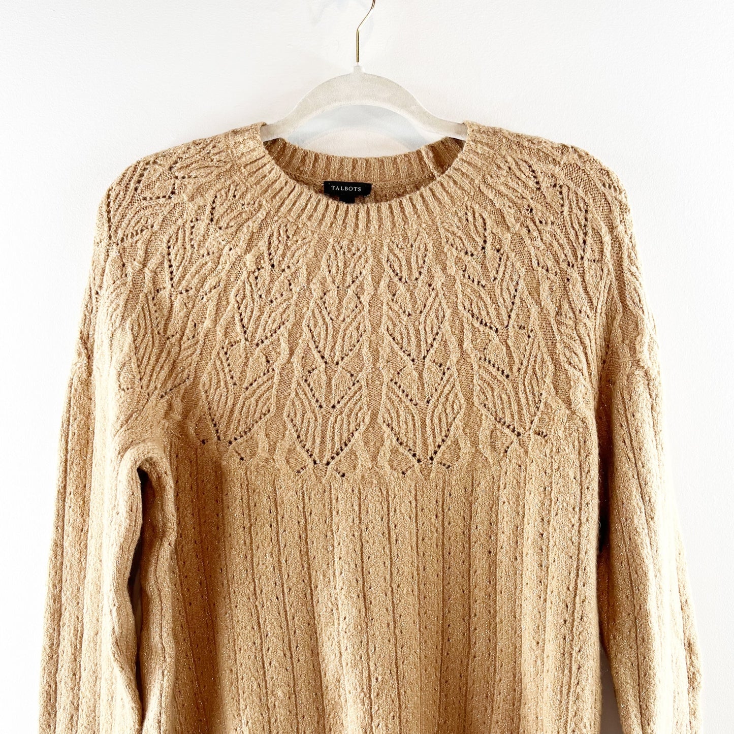 Talbots Long Sleeve Metallic Pointelle Sweater Tan Beige Small