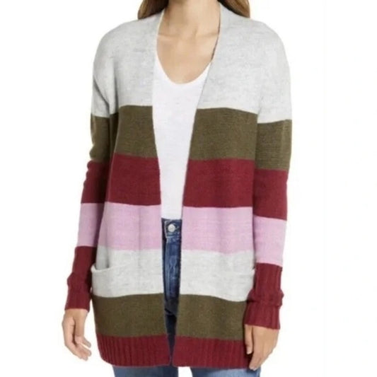 Caslon Long Sleeve Striped Colorblock Duster Open Cardigan Sweater Gray Small