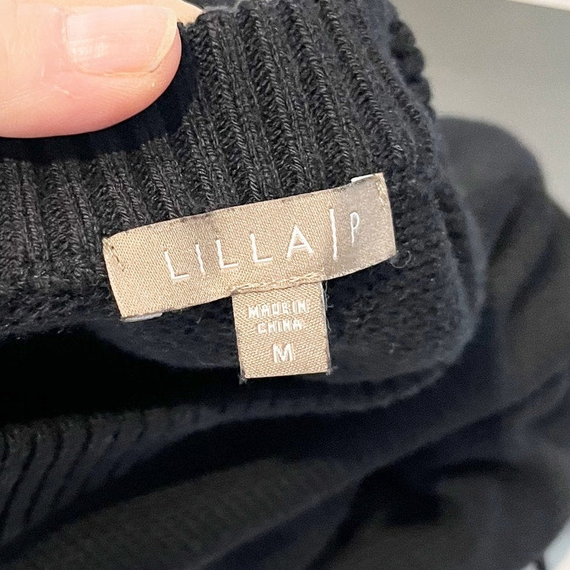 Lilla P Crewneck Crochet Long Sleeve Cotton Blend Sweater Black Medium