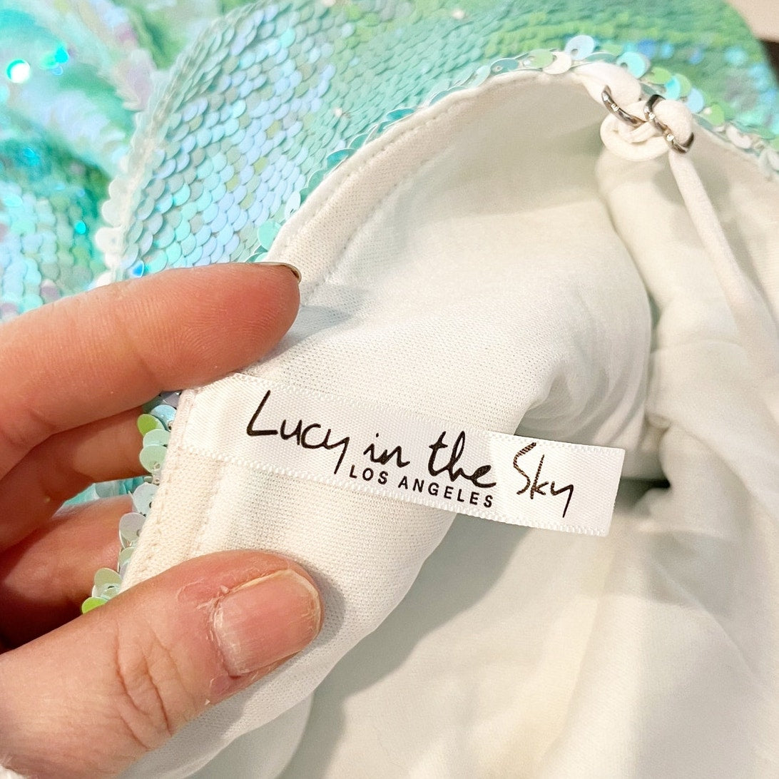 Lucy in the Sky Iridescent Sequin Bodycon Mini Dress Blue Turquoise Large