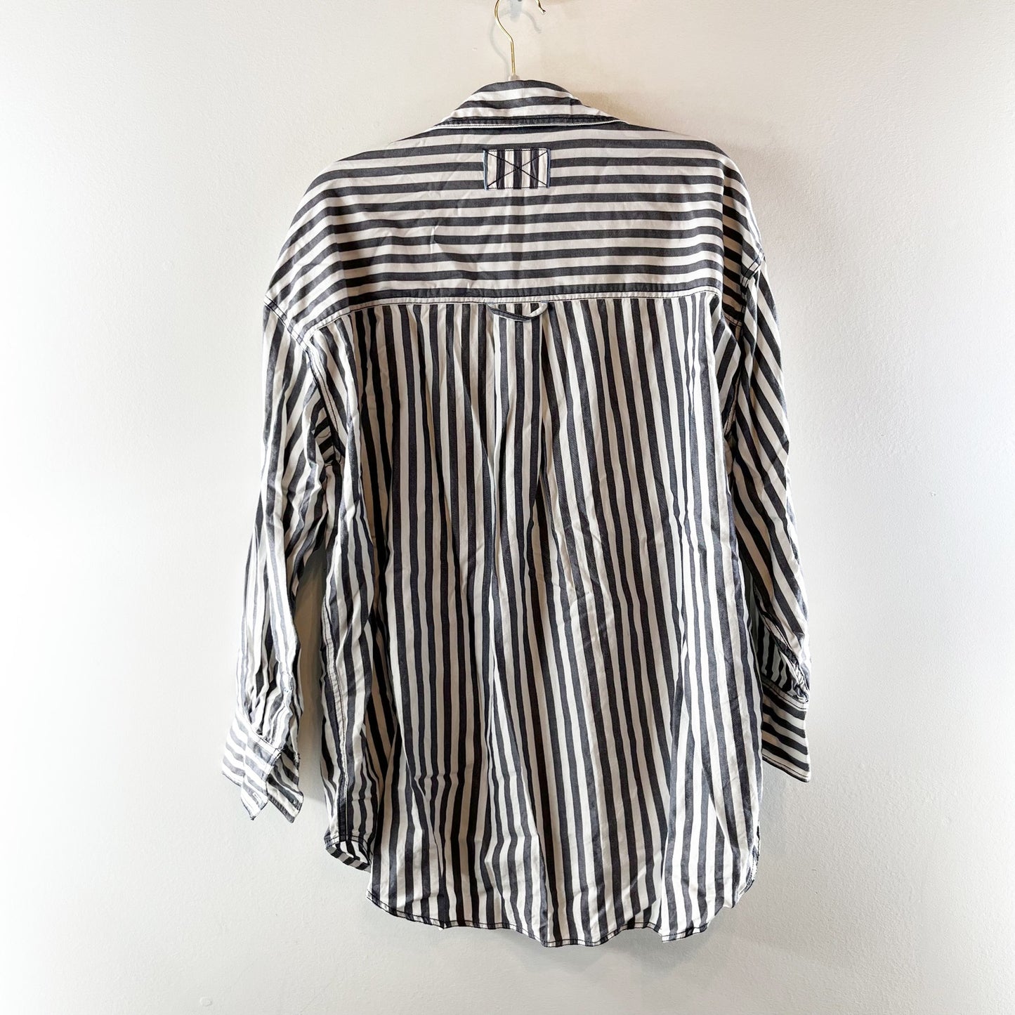 Free People Freddie Oversized Cotton Striped Button Down Shirt Blue White Small