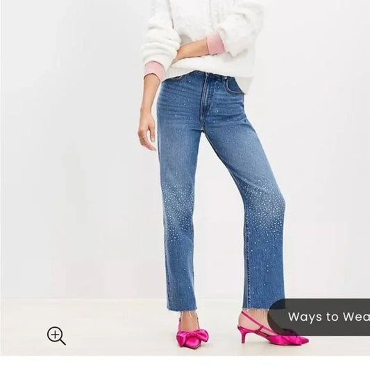 LOFT High Rise Straight Leg Raw Frayed Hem Rhinestone Jeans Blue 2 / 26