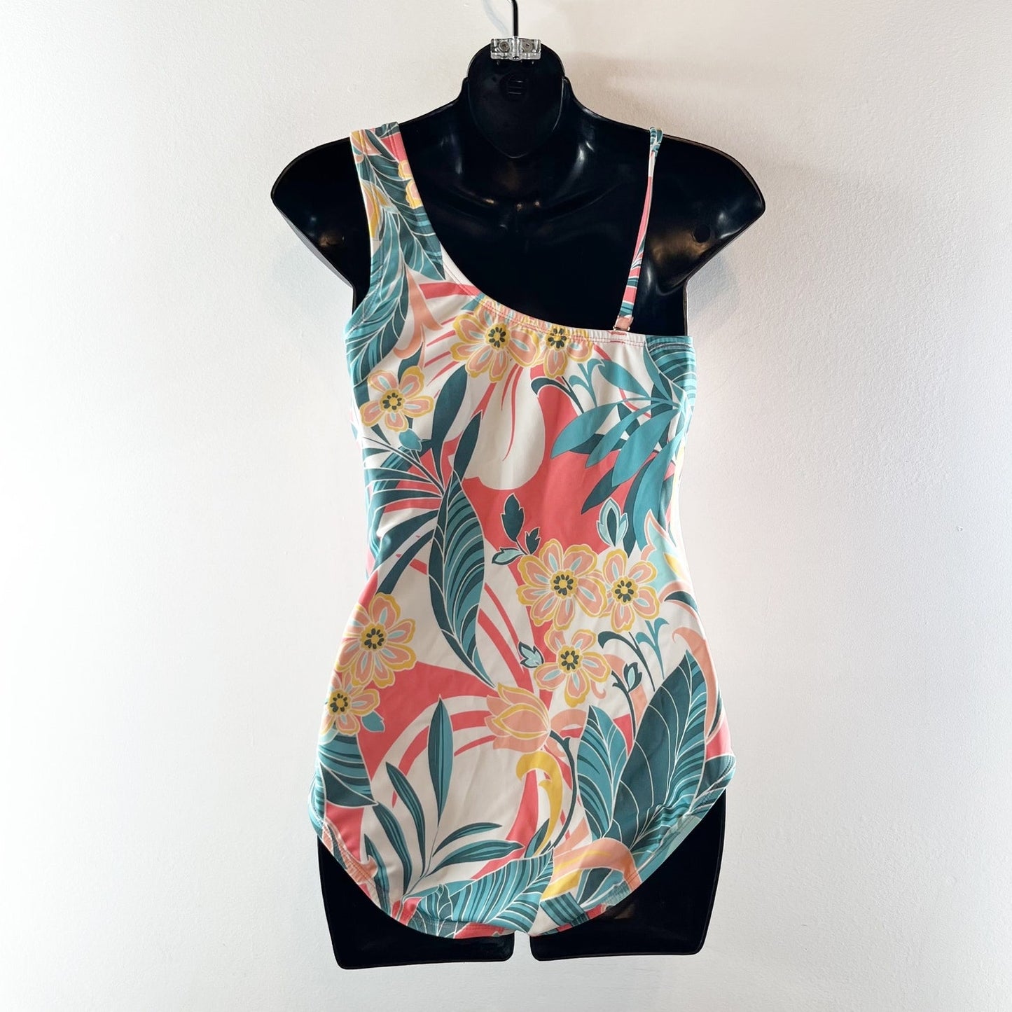 Jantzen Rainforest One Shoulder Tropical Print One Piece Swimsuit Blue 8