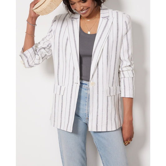 Evereve Kinley Linen Blend Stripe Long Sleeve Single Breasted Blazer White M