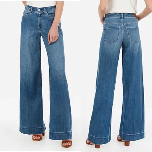 Express High Rise Wide Leg Trouser Jeans Dark Wash Blue 4 Petite