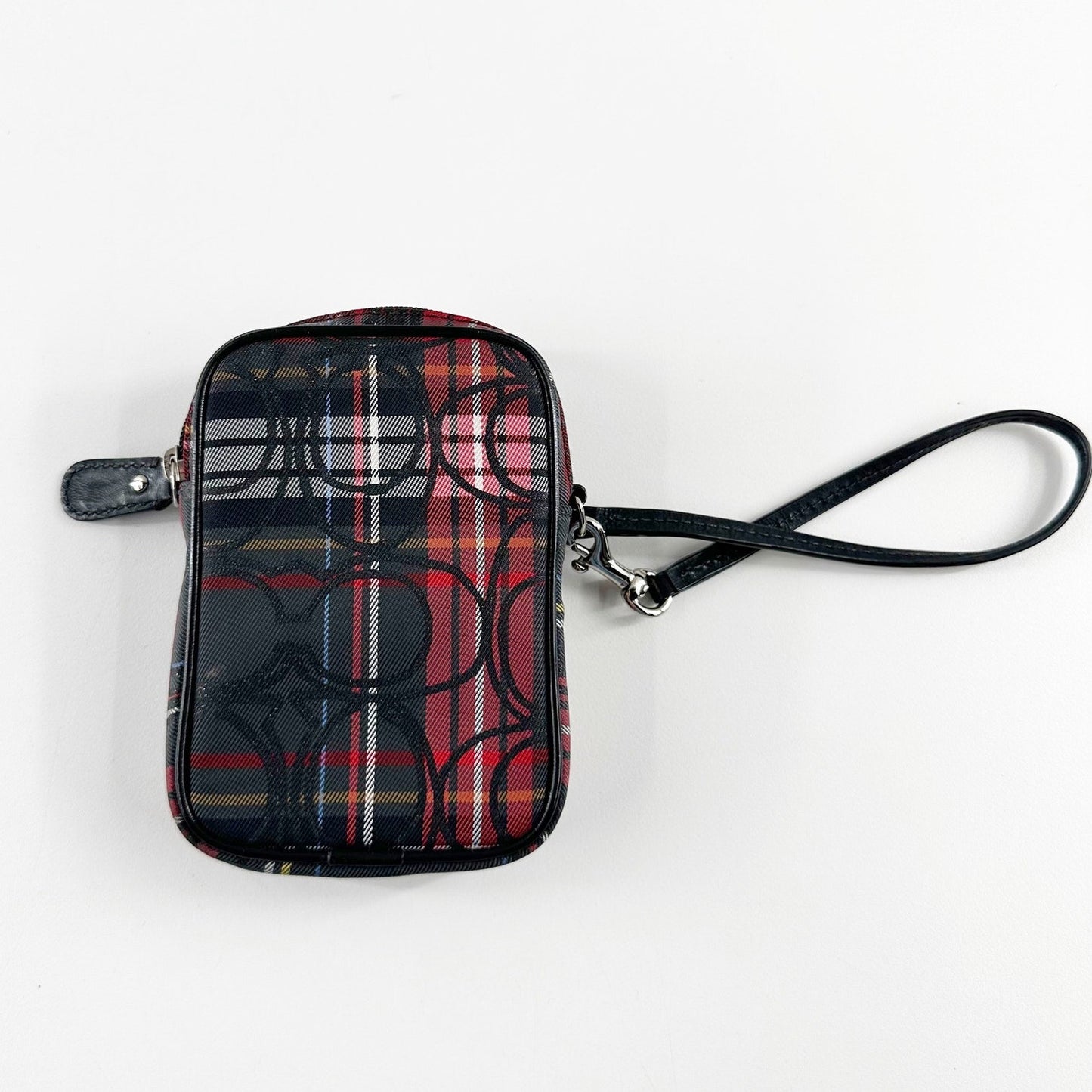 Coach Poppy Tartan Plaid Small Coin Purse Wristlet Wallet Glam Red and Black