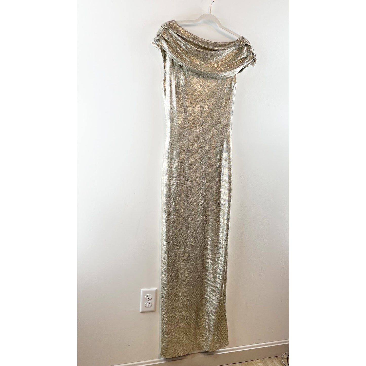 Rachel Roy Asymmetrical Off Shoulder Maxi Slit Gown Dress Gold Metallic 6