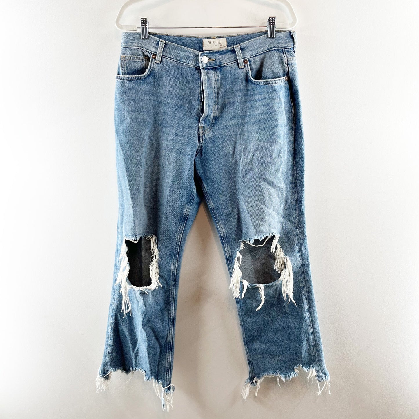 Free People Mid Rise Maggie Button Fly Busted Knees Raw Hem Jeans Blue 25