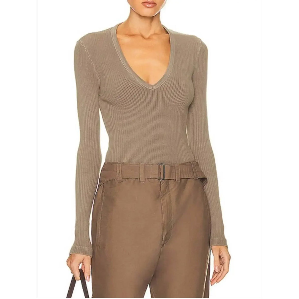 Agolde Tavi Slim Fit Long Sleeve Ribbed Deep V-Neck Top Taupe Brown XS