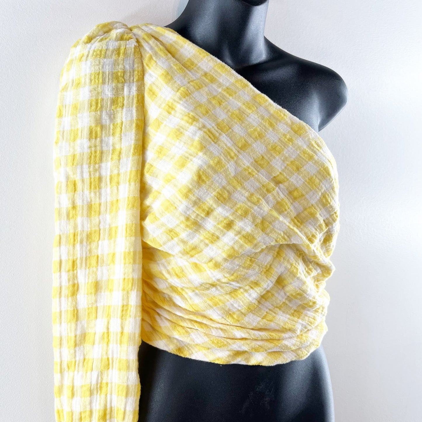 ZARA One Shoulder Gingham Plaid Cropped Top Butter Yellow Medium