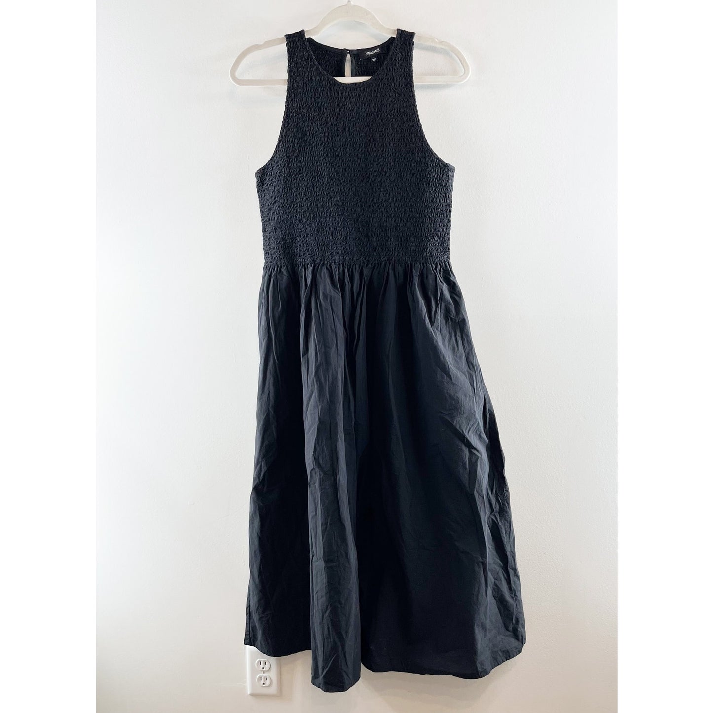 Madewell Melody Smocked Cotton Poplin Midi Dress Black Large
