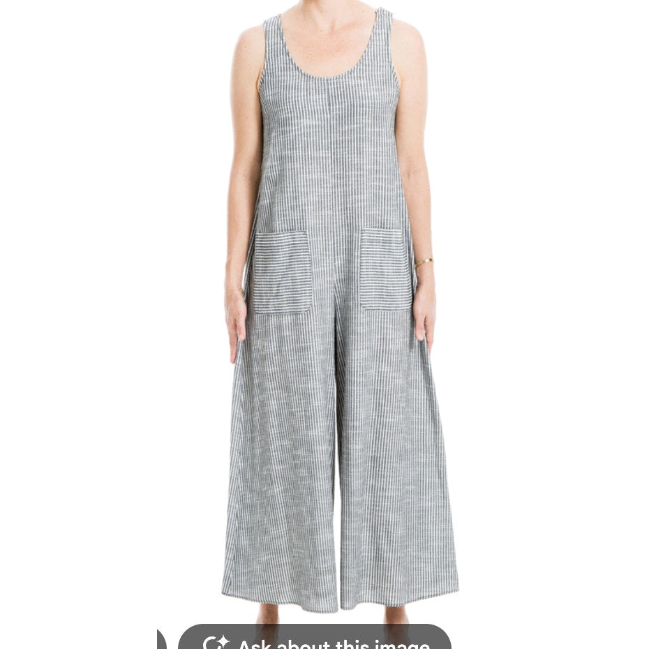 Max Studio Linen Blend Wide Leg Striped Scoopneck Jumpsuit Blue White XL
