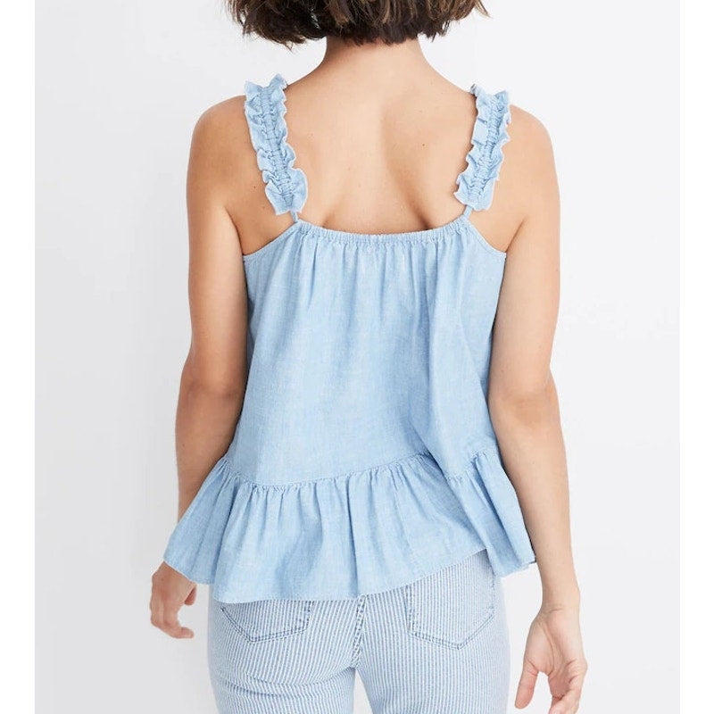 Madewell Sleeveless Denim Ruffle-Strap Peplum Cami Tank Top Blue Haddon Wash 12