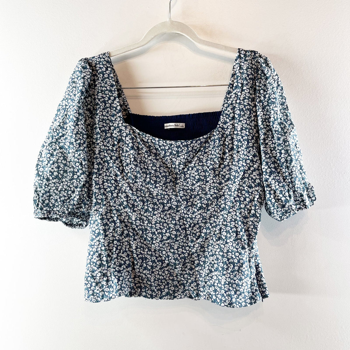 Abercrombie & Fitch Floral Puff Sleeve Smocked Square Neck Blouse Blue Large