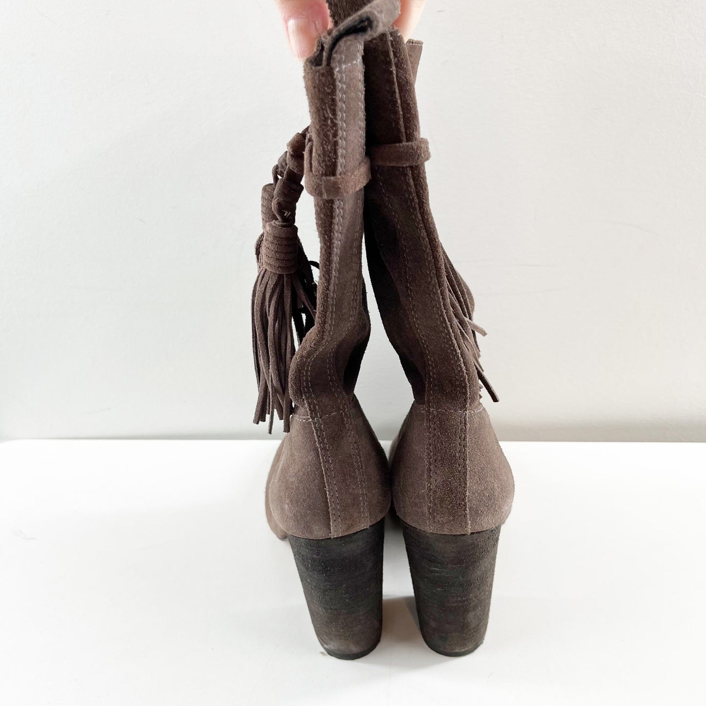 Vince Camuto Fermel Slouch Suede Leather Tassel Mid Calf Boots Brown 7.5