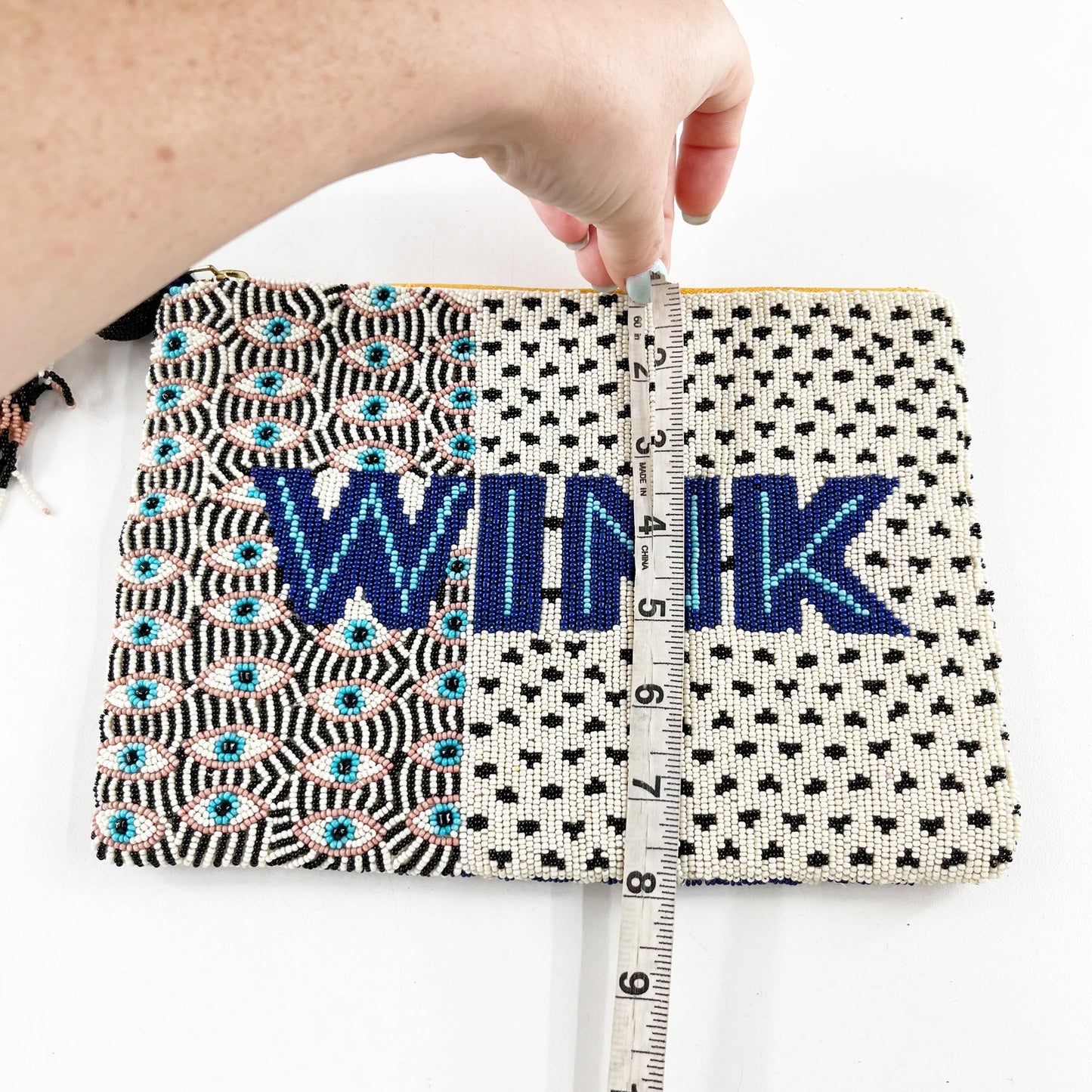 WINK Beaded Pouch Clutch Wallet with Tassel Zip Blue White