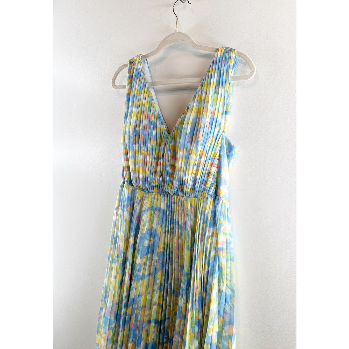 Laundry By Shelli Segal Pleated Knee High Slit Tie Dye Maxi Dress Blue Yellow 6