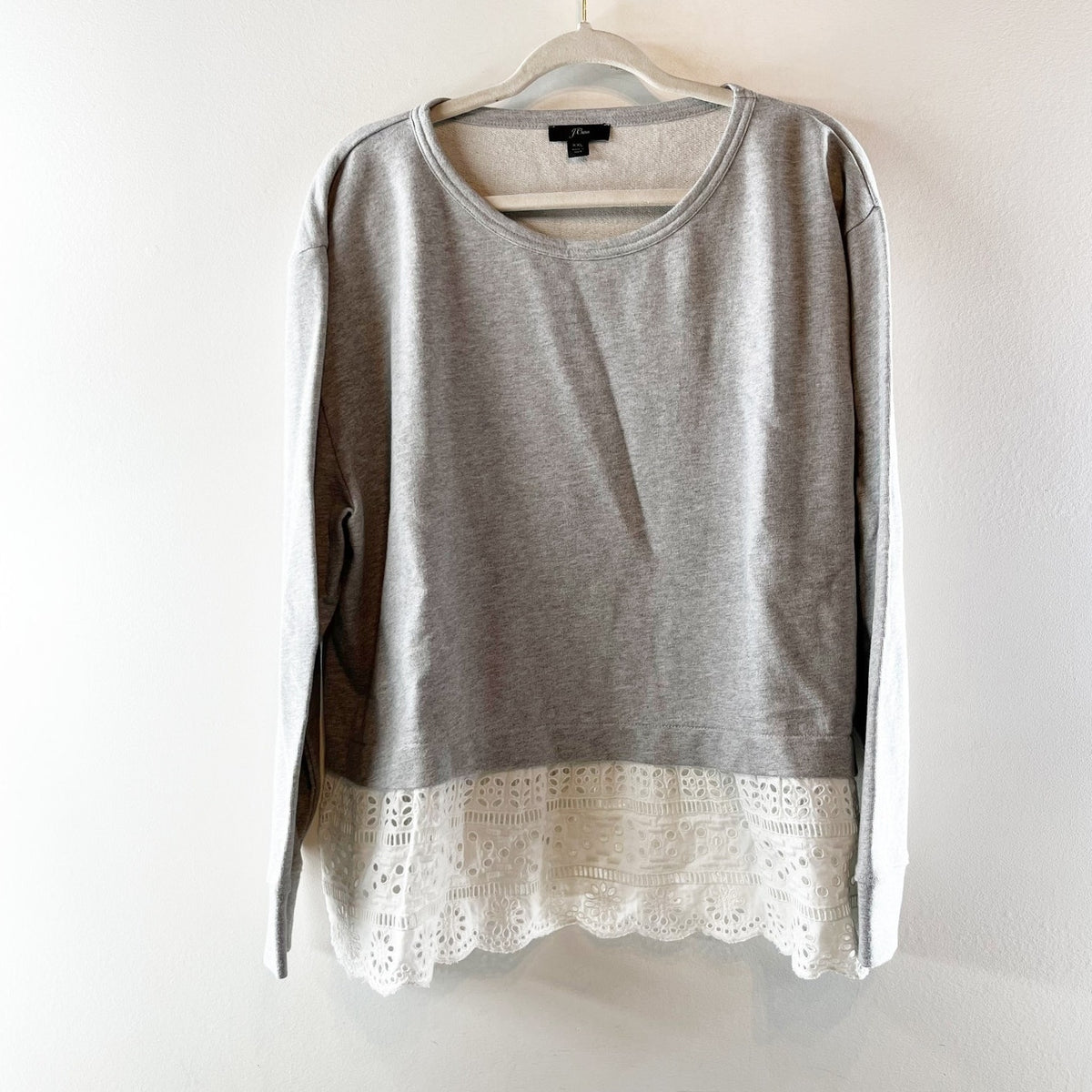 J. Crew Long Sleeve Crew Neck Eyelet-Hem Sweatshirt Gray White XXL