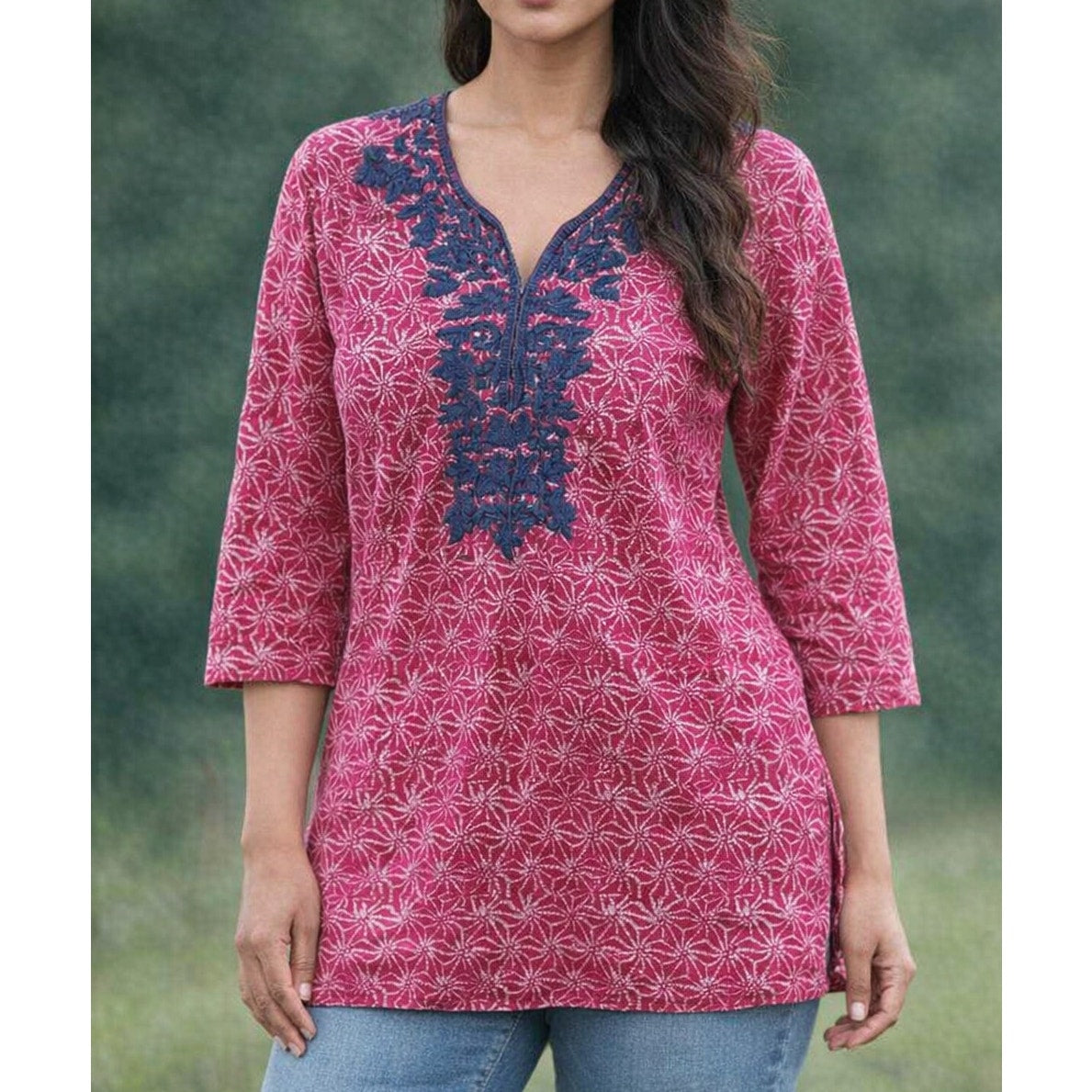Roller Rabbit 3/4 Length Sleeve Embroidered V Neck Tunic Top Pink Blue XS