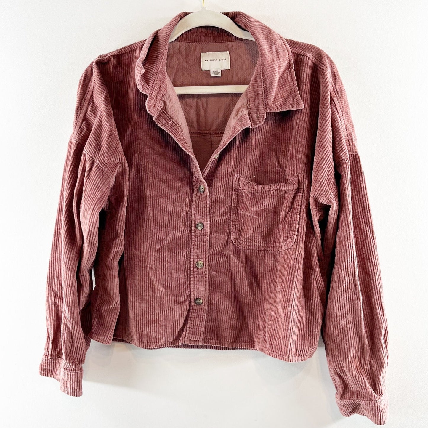 American Eagle Cropped Corduroy Button Up Shirt Brown Medium