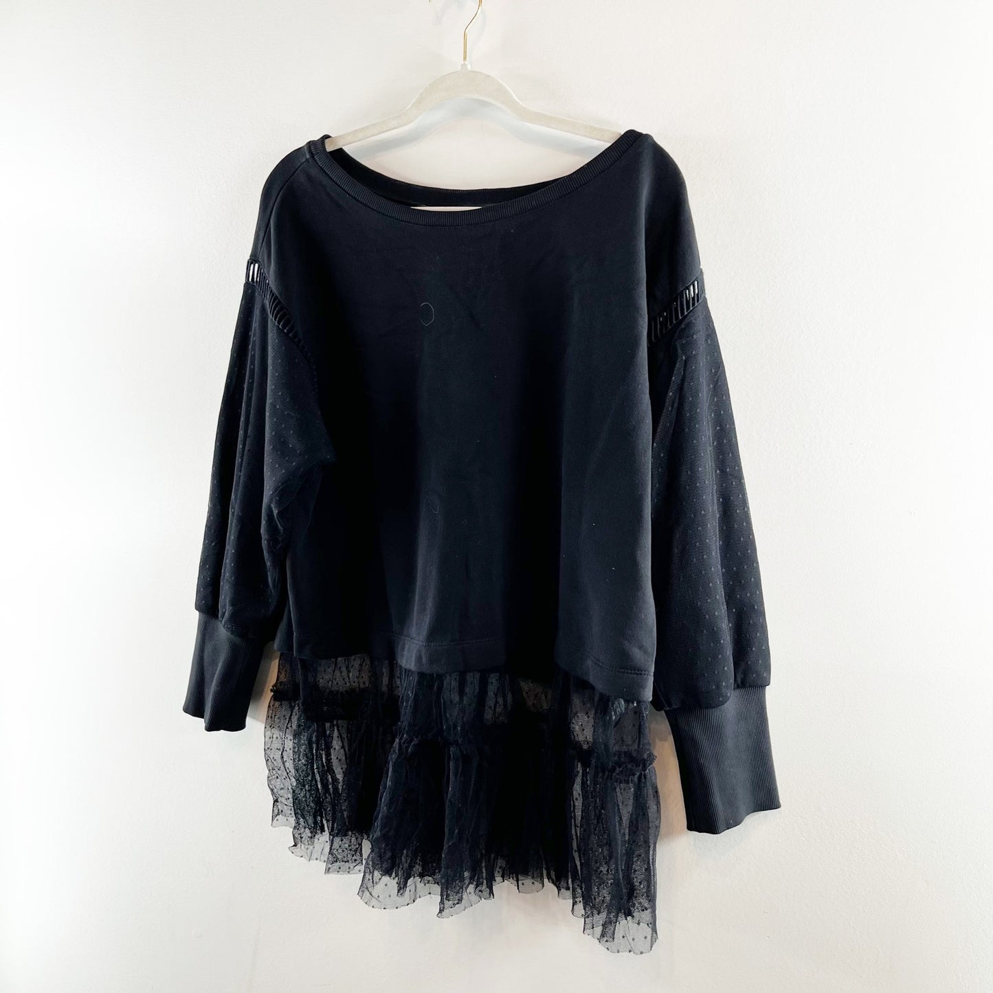 Anthropologie Tulle Layered Pullover Long Sleeve Mini Sweatshirt Black Large P