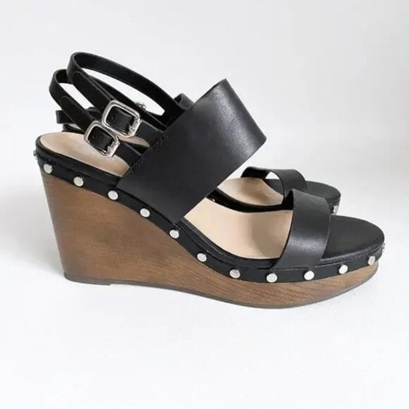 Bleecker & Bond Sandra Leather Slingback Open Toe Studded Wedge Sandal Black 6