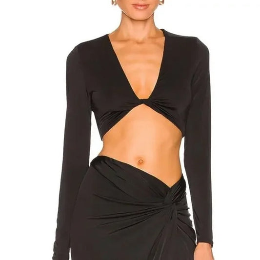 AFRM Nico Twist Front Long Sleeve Crop Top Black Large