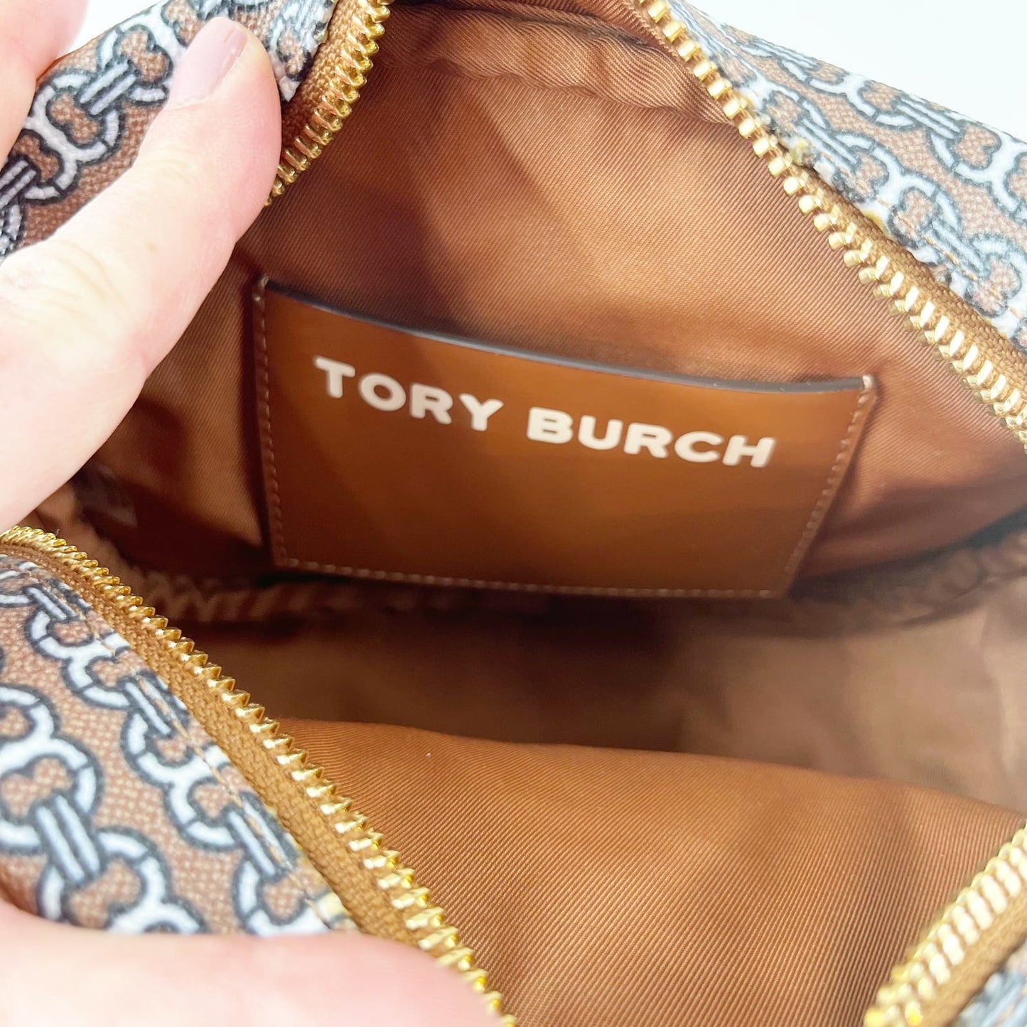 Tory Burch Gemini Link Crossbody Canvas Leather Camera Bag Neutral Tan